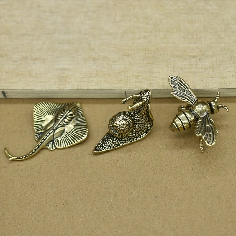 Set of 6 Solid vintage Brass Multi-Style Ornaments, Creative Sculptures of Animals and Plants