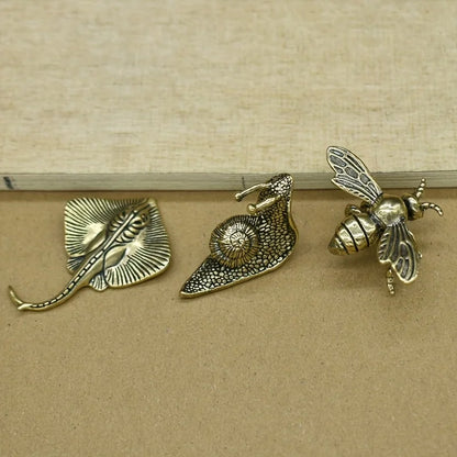 Set of 6 Solid vintage Brass Multi-Style Ornaments, Creative Sculptures of Animals and Plants