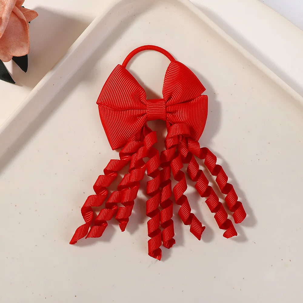 Baby Girls Back To School Ribbon Curly Hair Bow with Ties Rope Elastic Hairbands Kids Ponytail Holder Bowknot Hair Accessorie