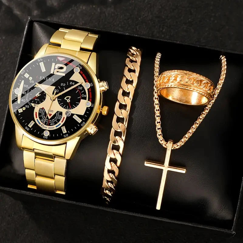 4pcs gold alloy Roman with calendar men's quartz watch and cross necklace bracelet ring set selected gift，Boxes not included 