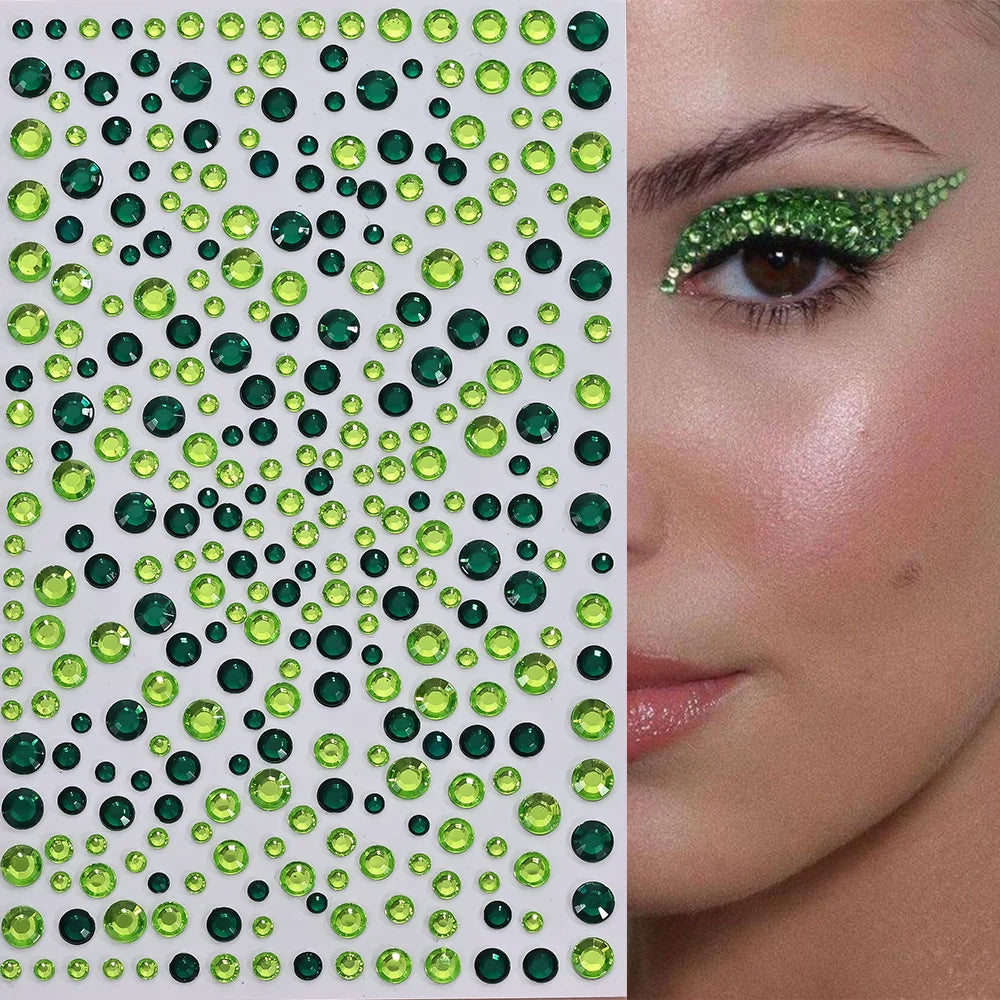 1Pcs 3D Emerald Green Face Jewels Tattoo Stickers Round Rhinestones Temporary Tattoos for Party Makeup DIY Body Diamond Decal