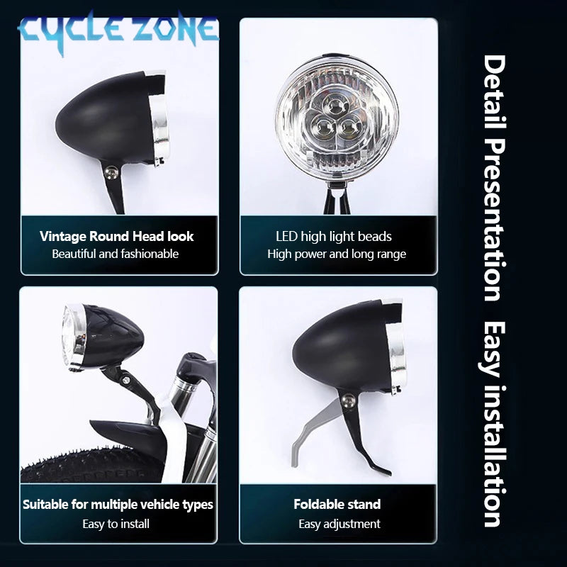 Vintage Bicycle Front Light 3 LED Bike Headlight MTB Flashlight Retro Design Cycling Head Lamp for Night Riding Black Silver