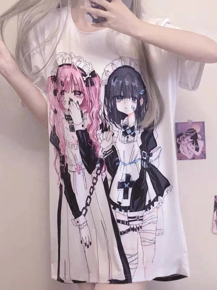 KOSAHIKI Y2k Aesthetic Cute Cartoon Print Round Neck Short-sleeved T-shirt Women 2026 Casual Loose Top Japanese Kawaii Tees