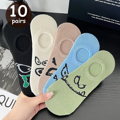 5 Pairs Women Cartoon Patterned Socks Trendy Versatile Breathable Sweat Wicking Deodorizing Antibacterial Comfortable Socks -