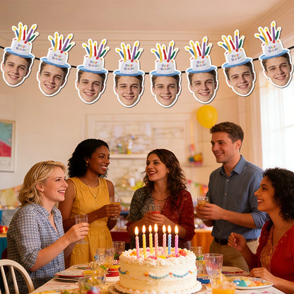 Custom Birthday Photo Banner Personalized Birthday Hat Pattern Bunting Banner for Happy Birthday Party Favors Birthday Banner