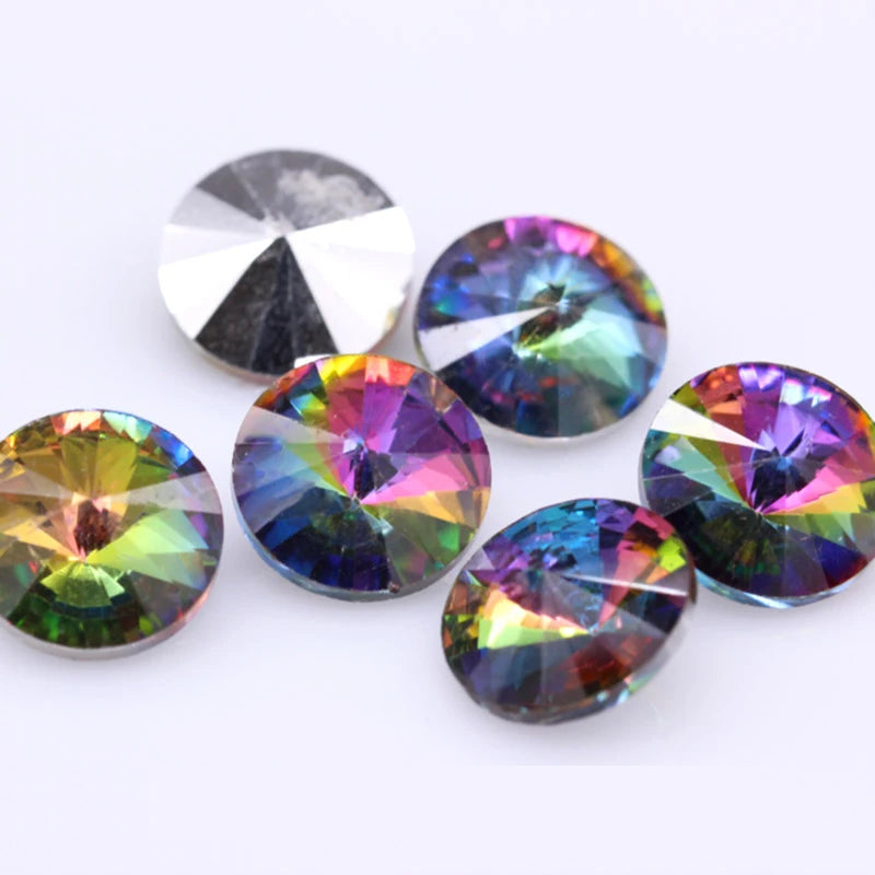 Fantastic 6/8/10/12/14/16/18/25MM Rivoli Cabochons Round Fancy Rhinestone Crystal For Applique Clothing Garment Decoration Be