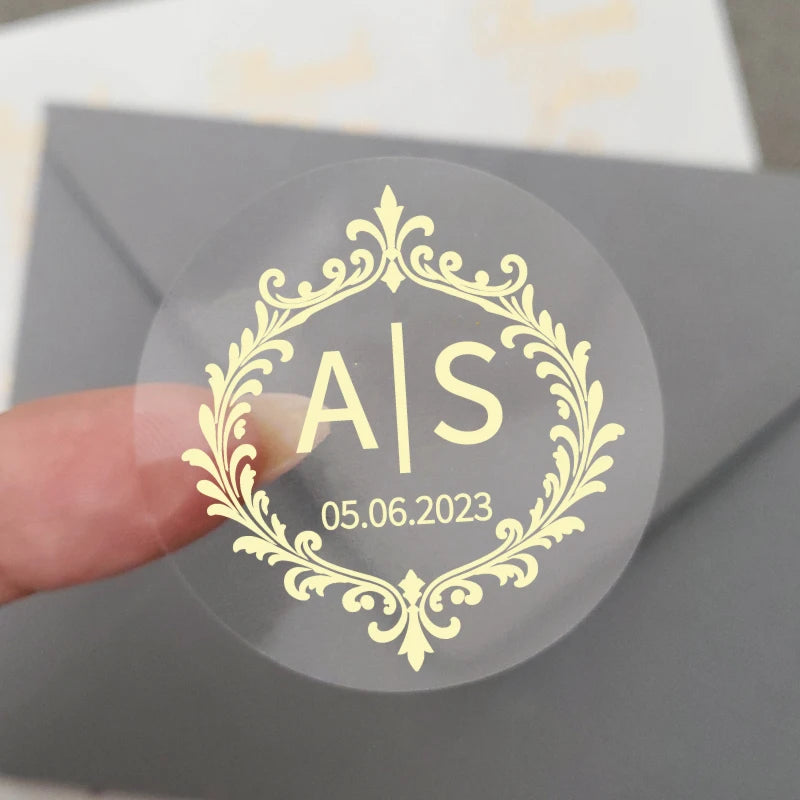 50 X Foiled Wedding Monogram Initials Stickers, Personalised Wedding Favour Labels, Custom Shiny Foil Gold Transparent - 124 