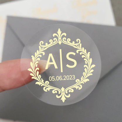 50 X Foiled Wedding Monogram Initials Stickers, Personalised Wedding Favour Labels, Custom Shiny Foil Gold Transparent - 124 