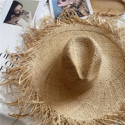 Boater Straw Hat wide brim French elegant square ribbon women's sun hat holiday straw hat 모자 햇빛 가리개
