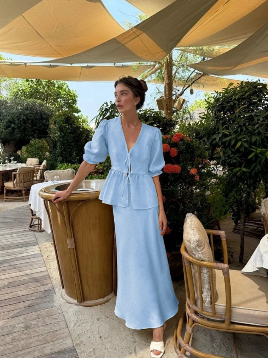 Bornladies 2025 Summer Women's 100% Cotton V-Neck Lace-Up Bubble Sleeve Shirt Long Skirt Set Loose Casual Two-Piece Suit - Bl