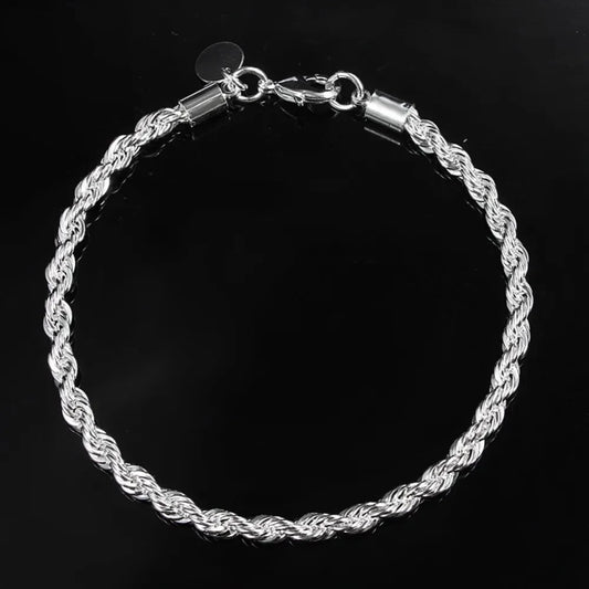 925 Sterling Silver Bracelet 4mm20cm Flat Side Chain Lobster Clasp For Woman Man Wedding Engagement Jewelry