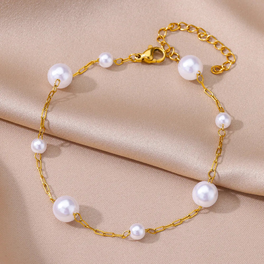 Anklets for Women Summer Beach Accessories Stainless Steel Imitation Pearl Chain Anklet Gold Color Leg Bracelets Bodychain Gi