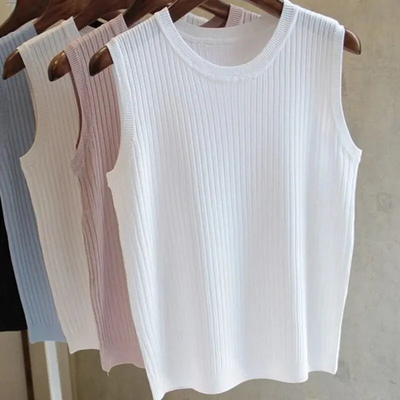 2026 Summer New Fashion Knitted Vests O-neck Sleeveless Casual Thin Tops Sleeveless Blouse Women Shirt - WHITE