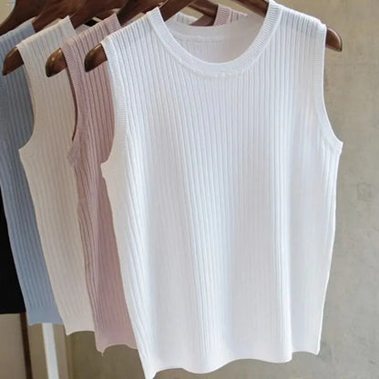 2026 Summer New Fashion Knitted Vests O-neck Sleeveless Casual Thin Tops Sleeveless Blouse Women Shirt - WHITE