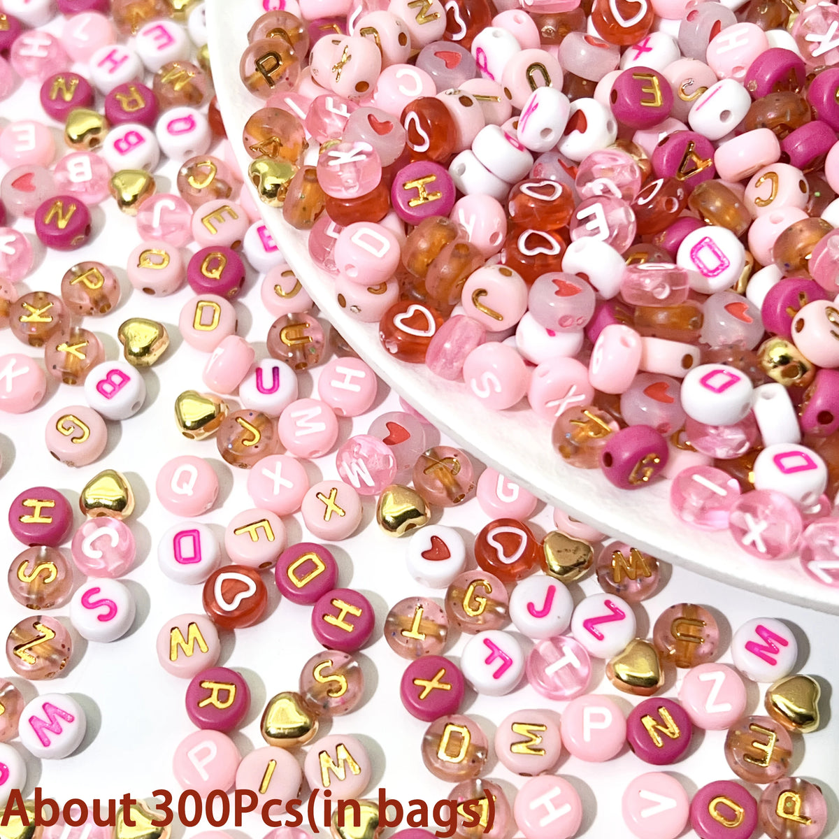 300/840pcs Pink, Red & White, Golden Letter & Heart Acrylic Beads Set - Jewelry Making Kit for DIY Bracelets, Necklaces - 300
