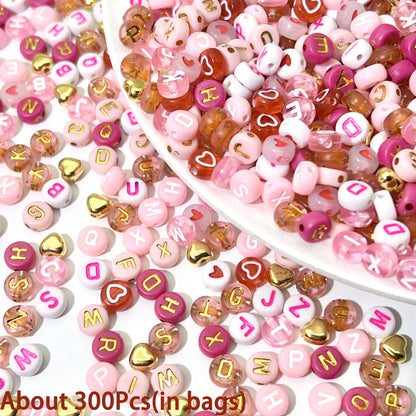 300/840pcs Pink, Red & White, Golden Letter & Heart Acrylic Beads Set - Jewelry Making Kit for DIY Bracelets, Necklaces - 300