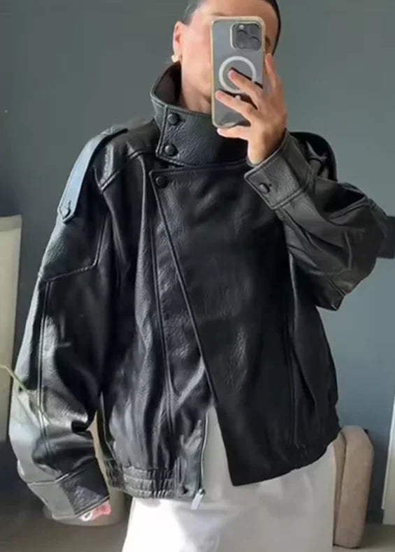 Women's Jacket 2026 Autunm New Black Long Sleeve Pebble Faux Leather Jacket Motorcycle Style Personality Fashion