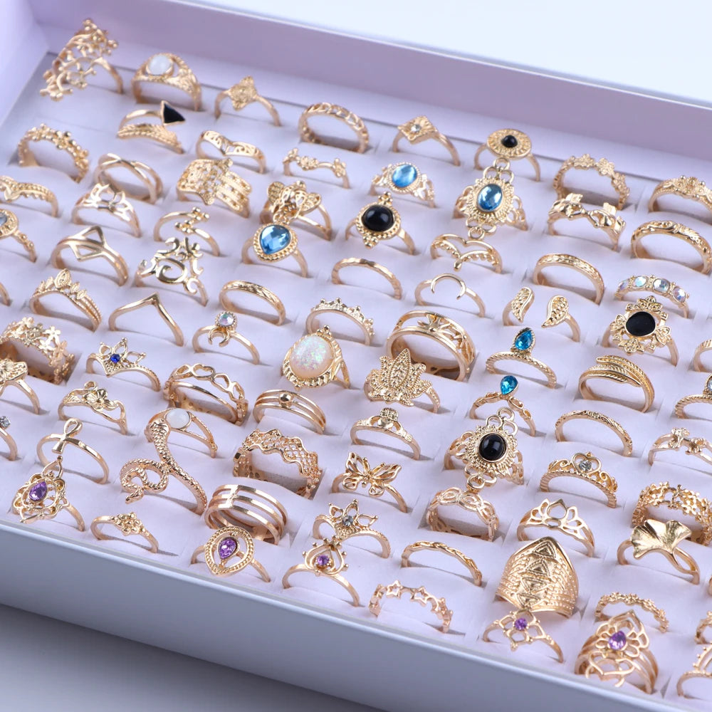 20Pcs/Lot Vintage Bohemia Geometry Flowers Leaf Rings For Charm Women Mix Style Color Fashion Jewelry Gift Accessories