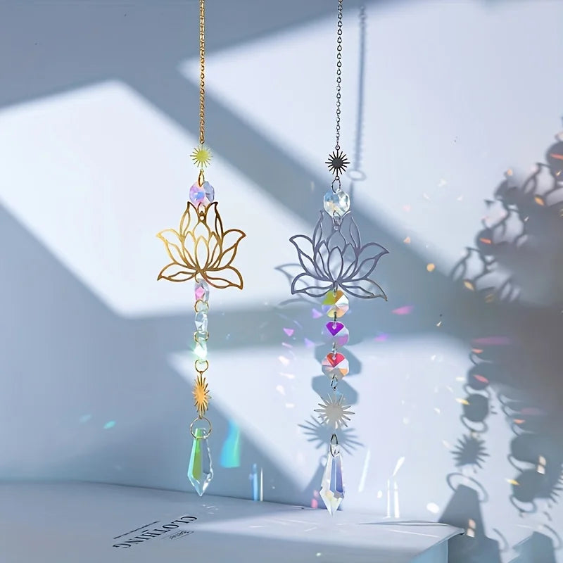 1PcMetalLotusandArtificial Crystal Suncatcher Charm Handmade Applicable Home Wind Chime Pendant Outdoor Garden Plant Decorati
