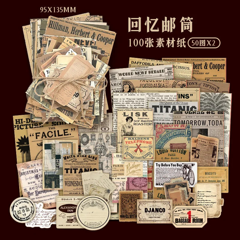100 sheet Creative Scrapbook Vintage Materials Paper Combo Kit DIY Junk Journal Collage Photo Album Retro Art paper - B