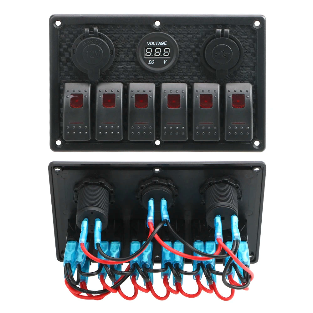 24V 12V 6 Buttons Switch Panel With Digital Voltmeter Tester USB Chargers 3.0 Light Toggle Car Power Adapter Marine Boat Cara