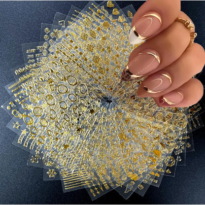 30 Sheets Gold Nail Art Stickers 3D Self-Adhesive Nail Decals Gold Line Star Nail Stickers for Acrylic Nails Gold Leaf