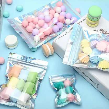 100pcs Holographic Resealable Mylar Bags Ziplock Candy Suger Tee Jewelry Beauty Storage Bag