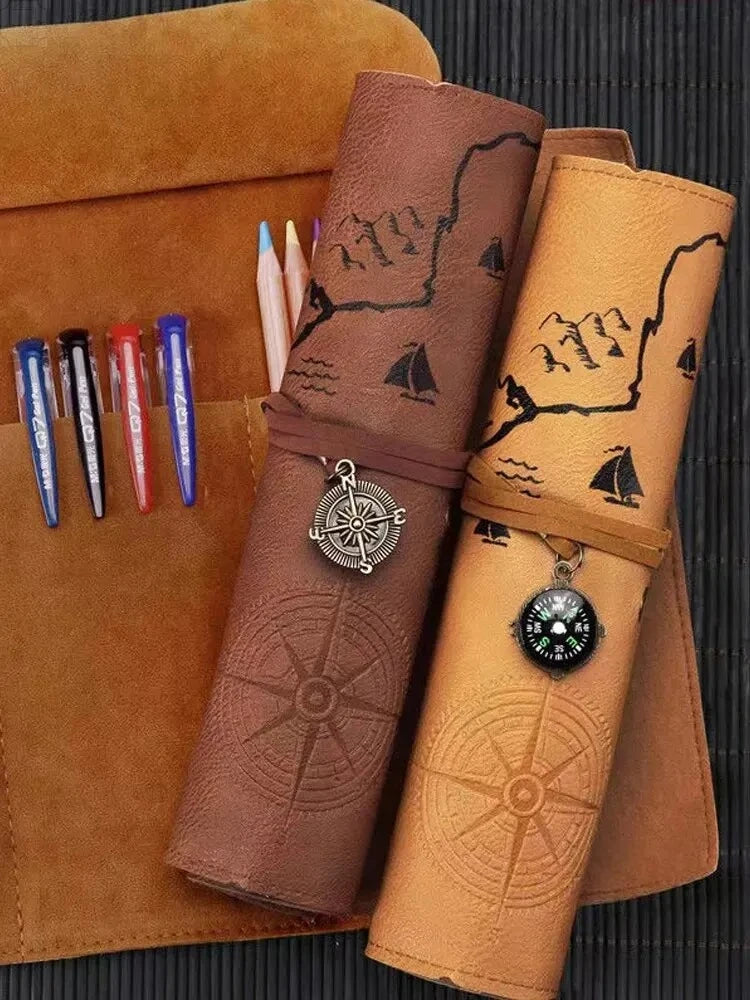Vintage Treasure Map Roll Pencil Case – Large Capacity Leather Stationery Bag with Embossed Buckle