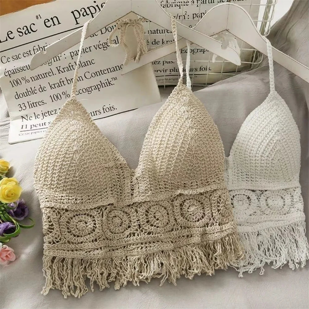 Women's Boho Fringe Backless Halter Tie Neck Underwear Outerwear with Neck Hanging Embroidery Tassel Suspender Vest Short Tan