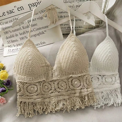 Women's Boho Fringe Backless Halter Tie Neck Underwear Outerwear with Neck Hanging Embroidery Tassel Suspender Vest Short Tan