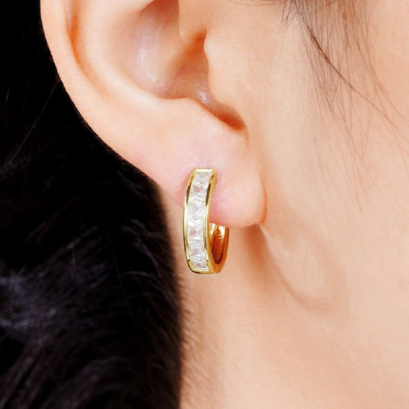 Huitan Classic Design Women Hoop Earrings Full with Princess Square CZ Simple and Elegant Female Accessories Versatile Jewelr