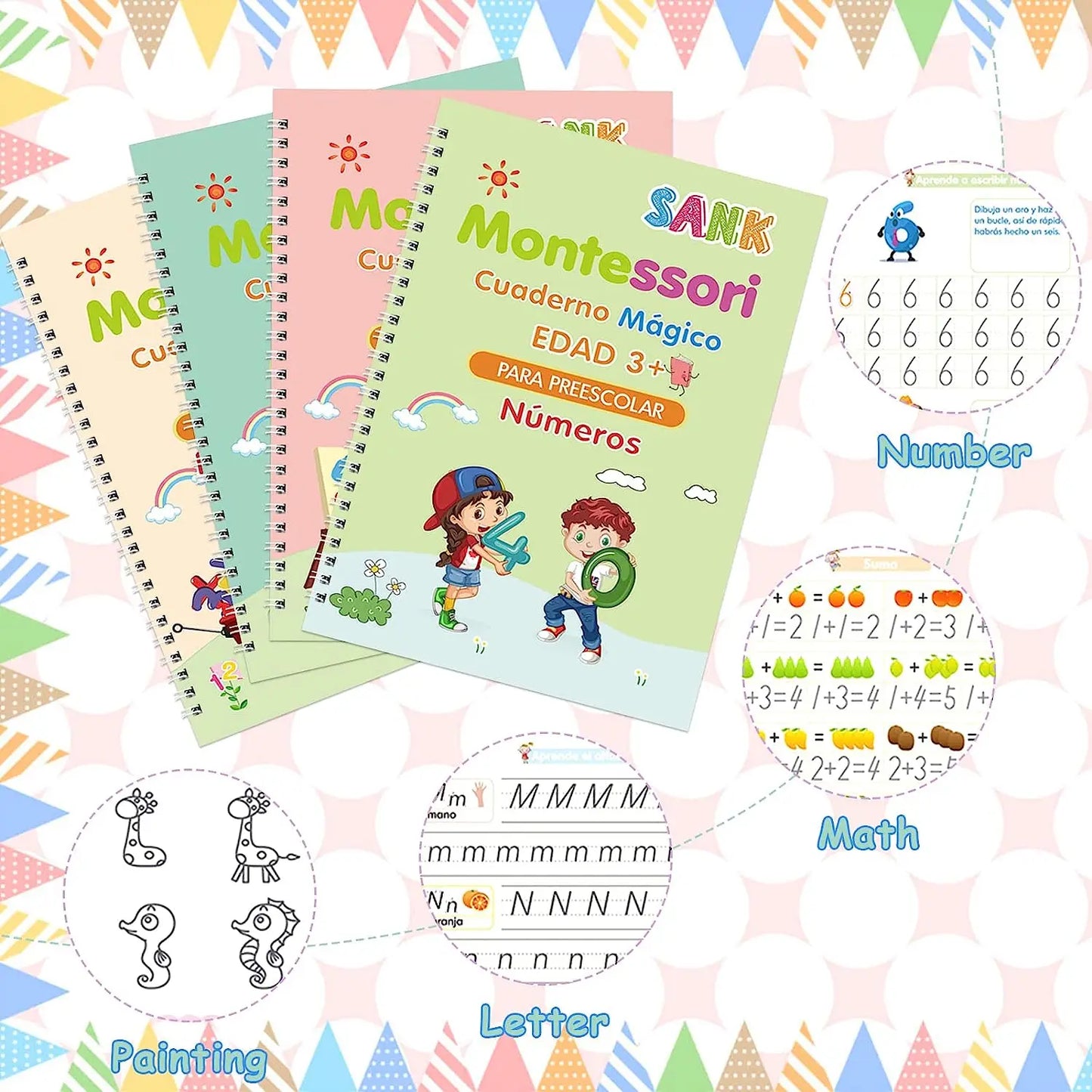 4 Books Magic Writing Book in Spanish Calligraphy Notebook Montessori Kids Reusable Educational Calligraphic Letter Practice 