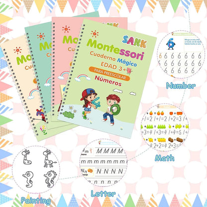 4 Books Magic Writing Book in Spanish Calligraphy Notebook Montessori Kids Reusable Educational Calligraphic Letter Practice 