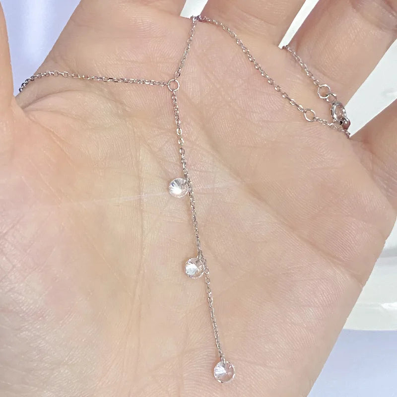 18K Gold Plated 925 Silver Lariat Necklace Tiny 3 CZ Y-Shaped Drop Pendant Thin Chain Necklace Ladies Elegant Daily Jewelry -