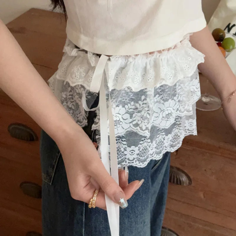 Korean Fashion Lace Irregular Skirt Curtain White Flowers Lace Mesh Halfbody Skirt Women Summer Bottoms Jeans Decorative Heml