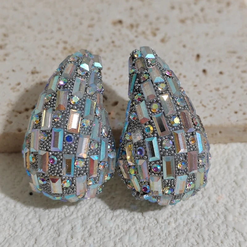 Oversized colorful Stud Earrings with Full Diamonds and Drop-shaped Pendants in European and American Styles - whiteAB