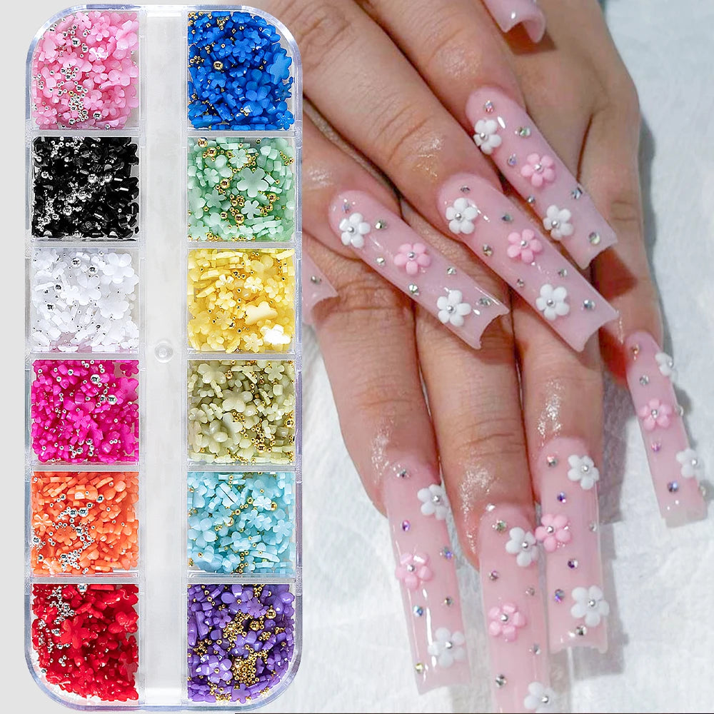 1box 3D Flower Bow Nail Art Decorations Kit Pink/White Acrylic Floral/Peal Beads Nail Charm with Wax Pen/Tweezer 4/6mm Nail P