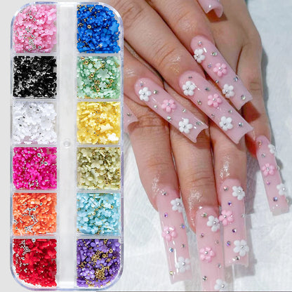 1box 3D Flower Bow Nail Art Decorations Kit Pink/White Acrylic Floral/Peal Beads Nail Charm with Wax Pen/Tweezer 4/6mm Nail P