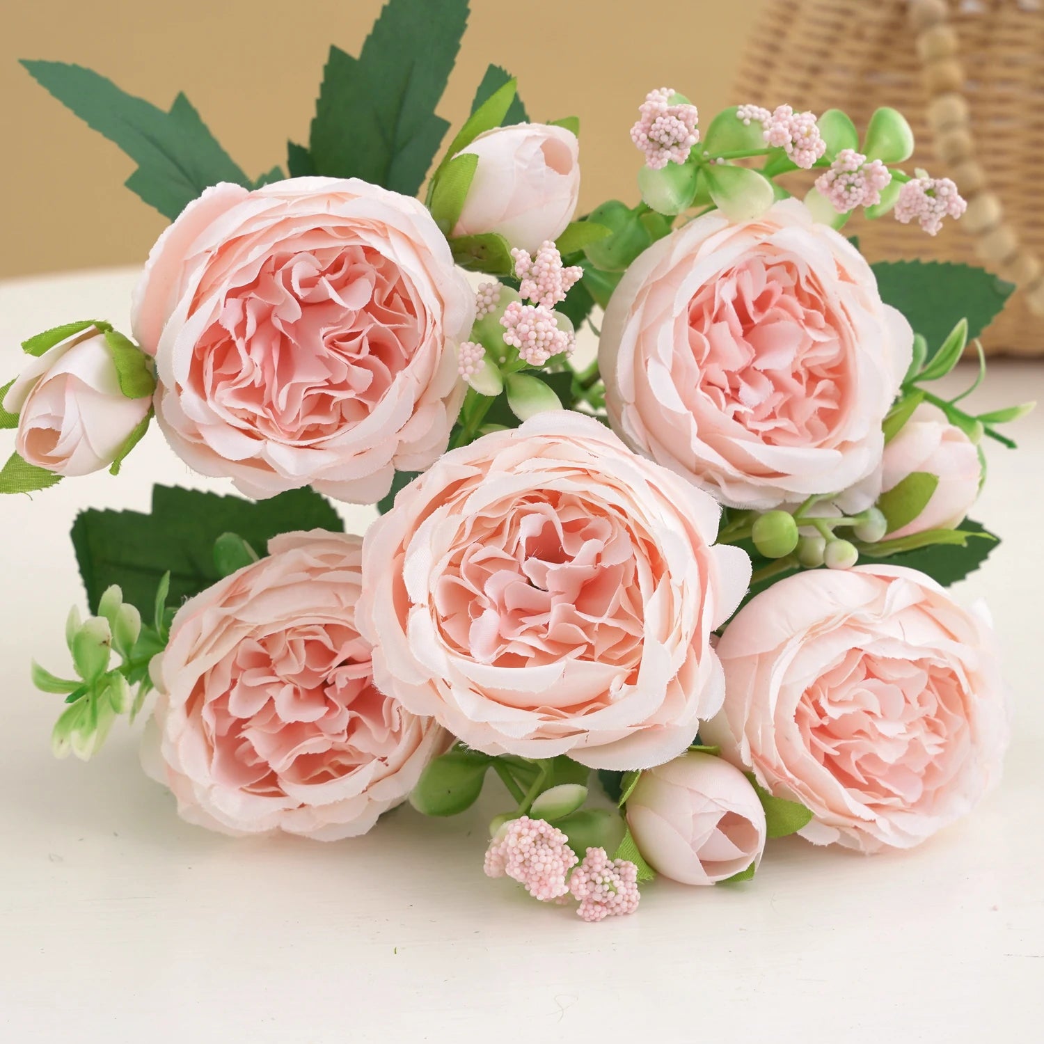 30cm Rose Pink Silk Bouquet Peony Artificial Flower 5 Big Head 4 Small Bud Bride Wedding Home Decoration Artificial Flower - 