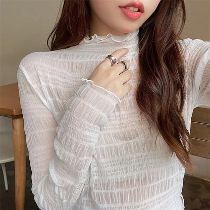 New Women Floral Lace Shirt Spring Autumn Long Sleeve Sexy Mesh Bottoming Shirts Mock Neck Blouse T-Shirt Pullover Top - Whit