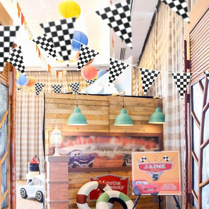 Racing Car Party Triangle Flag Banner Checkered Flag Pennant Banner for Racing Car Birthday Party Decoration Backdrop Decorat