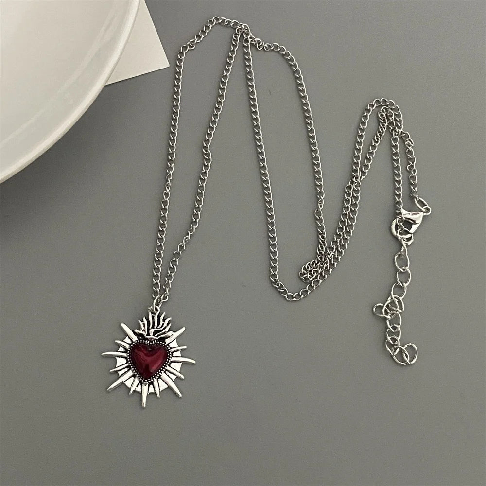Punk Rock Red Black Heart Pendant Chain Necklace For Men Women Cool Hip Hop Street Vintage Goth Accessories Trendy Jewelry