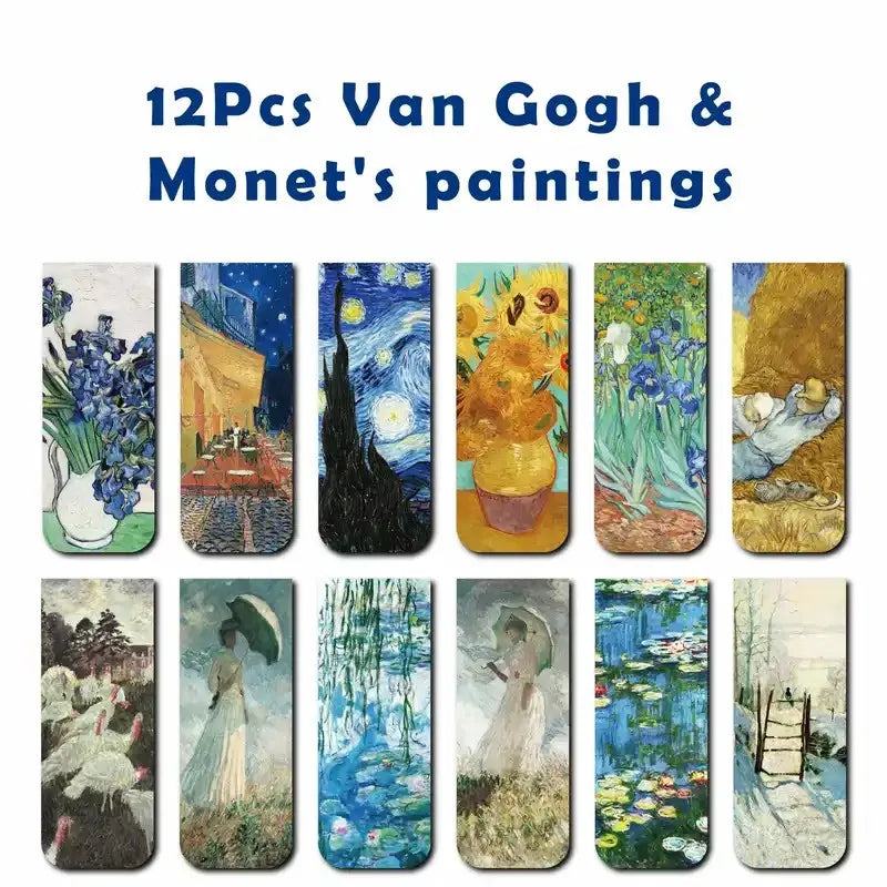 12pcs Artistic Magnetic Bookmarks Featuring World Famous Paintings by Van Gogh & Monet - Ideal for School, Office, And Art Lo