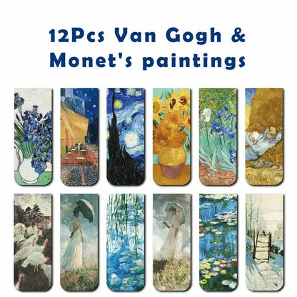12pcs Artistic Magnetic Bookmarks Featuring World Famous Paintings by Van Gogh & Monet - Ideal for School, Office, And Art Lo