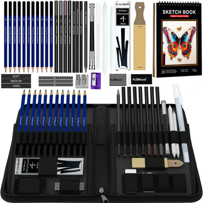 14-58 Pack Drawing Sketching Set,Pro Art Sketch Supplies with 3-Color Sketchbook,Graphite,Charcoal Pencil,Ideal for Shading -