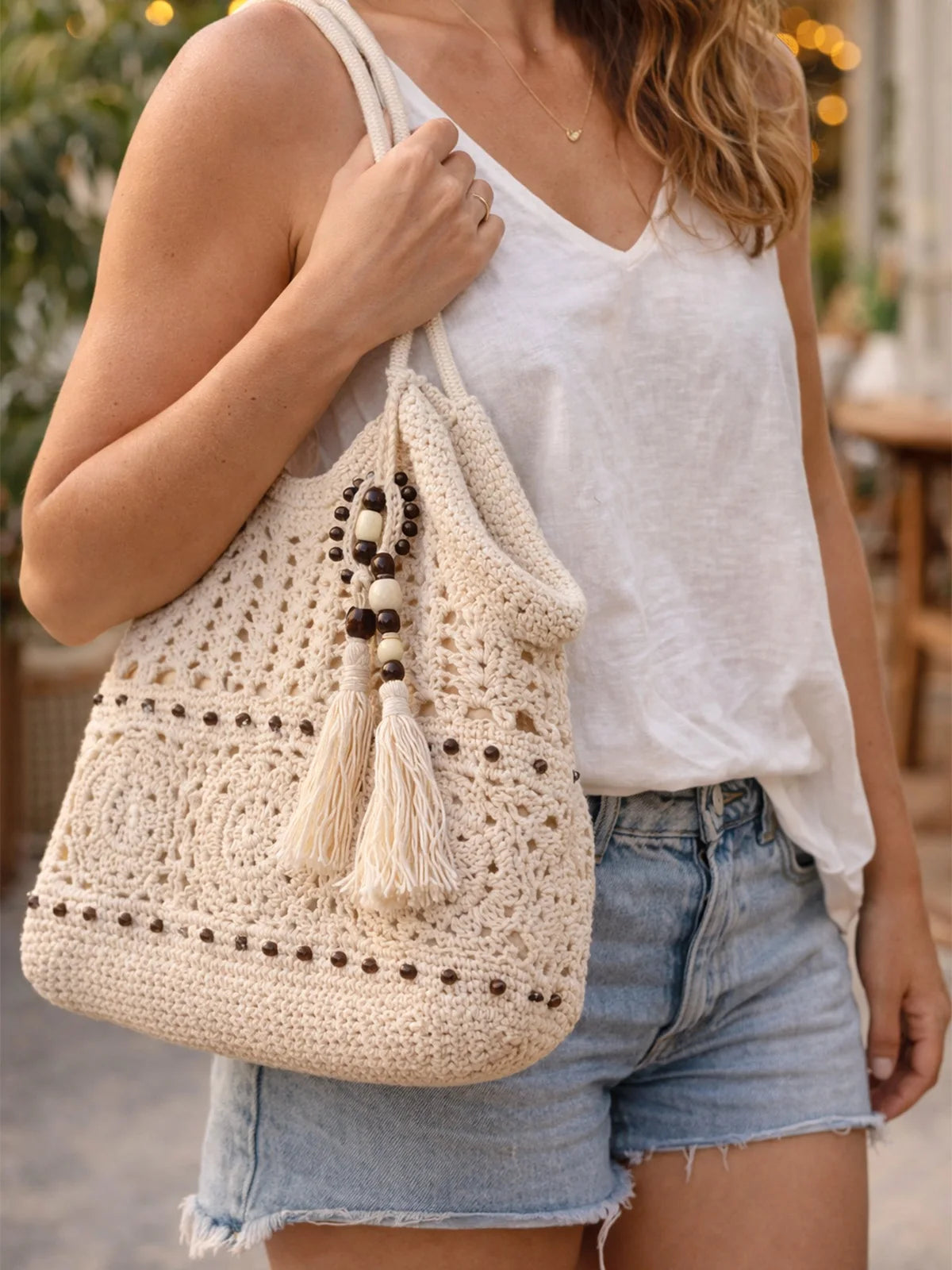 Crochet Tote Bag, White Openwork Knit Purse, Bead Fringe Charm, Adjustable Long Straps, Boho Beach Bag, Summer Market Tote, W