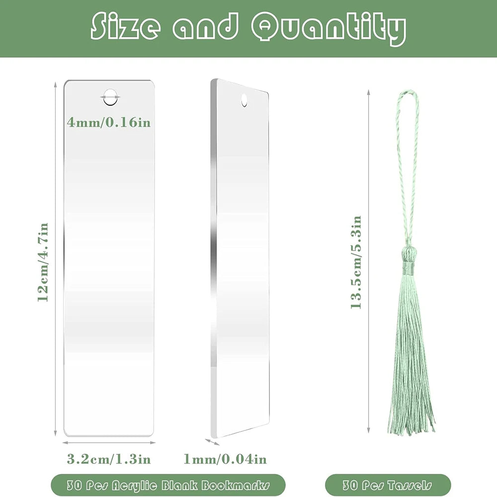 30Pcs Acrylic Bookmark Blanks Rectangle with Tassels Unfinished Transparent Acrylic Bookmarks Double Sided DIY Christmas Gift