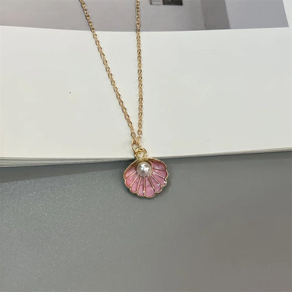 Colorful Shell Pendant Necklace Imitation Pearl Fashion Women Neck Jewelry Golden Color Link Chain Jewelry
