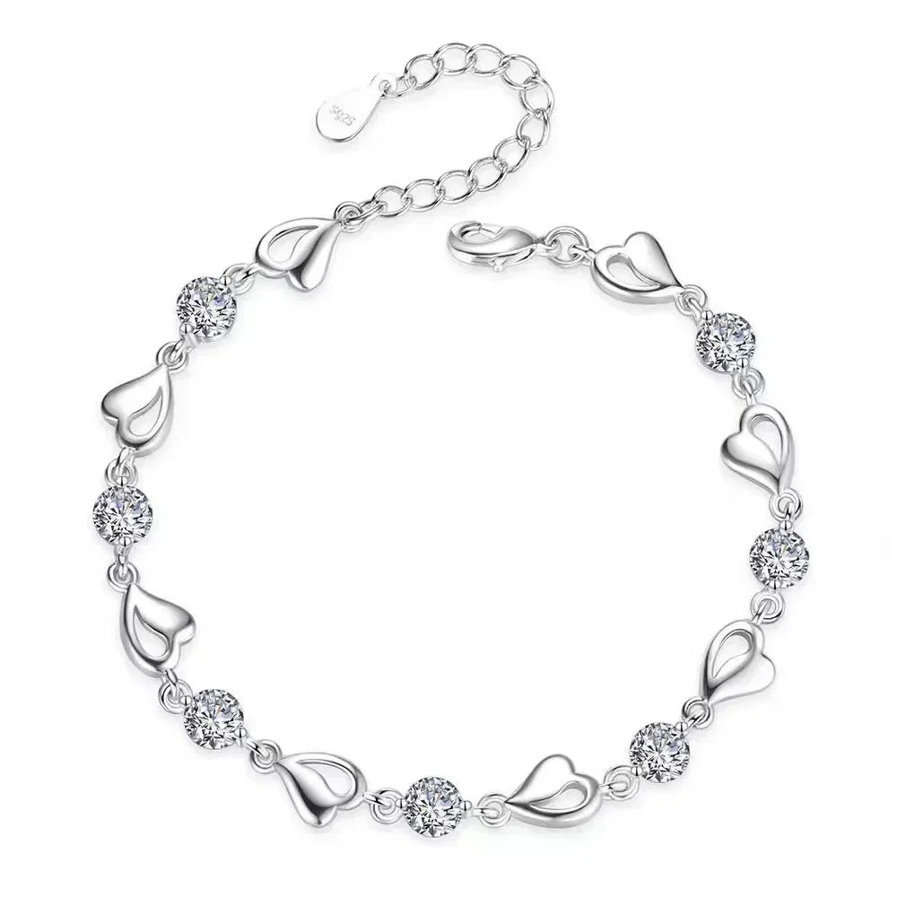 925 Sterling Silver Heart Shaped Necklace Bracelet Set for Women Vintage Korean Blue Crystal Bracelets Jewelry Set Party Jewe