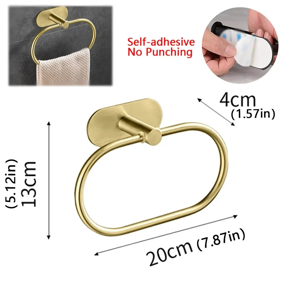 Stainless Steel Towel Holder Self-adhesive Bathroom Towels Rack Black Washhand Hanger Ring Rail Bar Kitchen Storage Accessori
